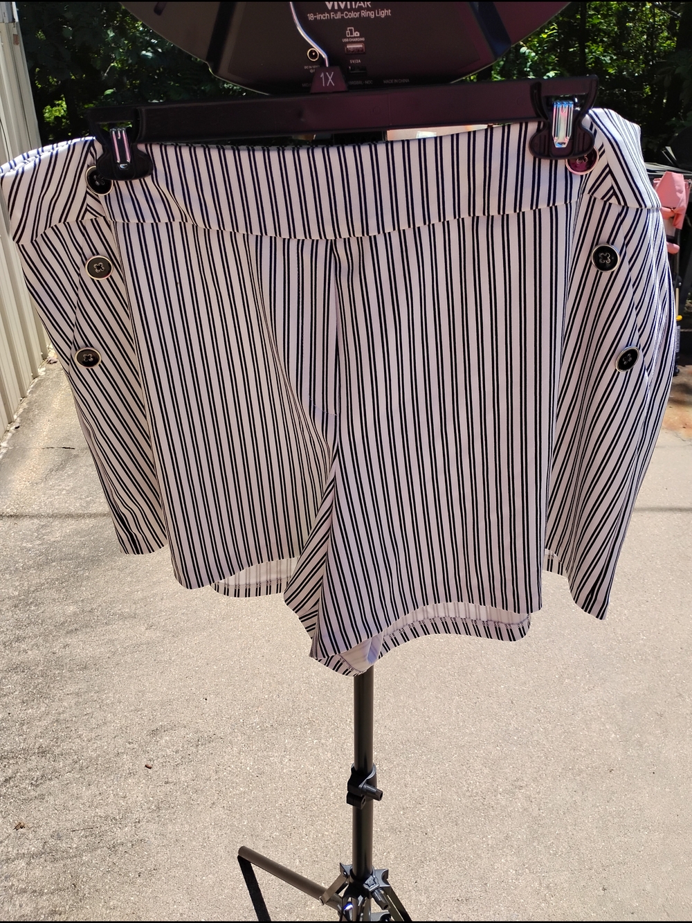 Black and White Vertical-Stripe Button-Detail Skater Skirt